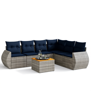 Conjunto de Sofá de Jardín de Mimbre Sintético con Cojines, 6 Plazas, Muebles de Exterior de Estilo Contemporáneo, Estructura de Mimbre Gris - Product Image 1