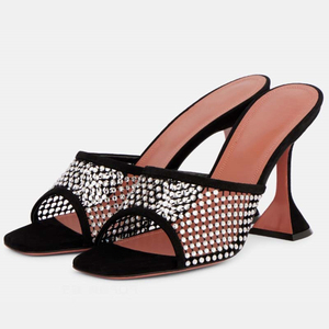 Sandales d'été pour femmes à empeigne en maille, bout ouvert, mules en résille ornées de strass, talons aiguilles hauts pour femmes - Product Image 2