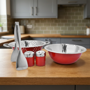 Colador tong de fruta de Color rojo exterior, cuenco para servir fruta, rociador de sal y pimienta, acero inoxidable, juego de ensaladas, 5 uds. - Product Image 1