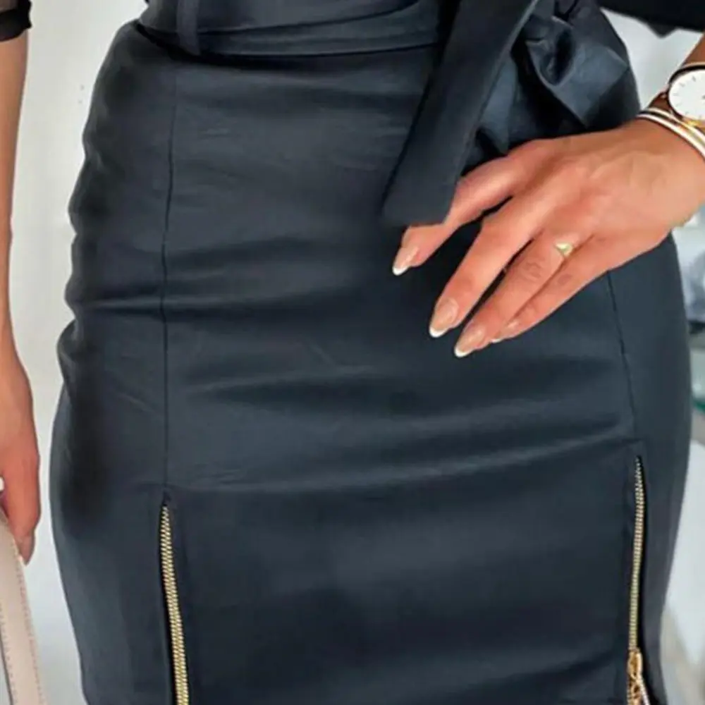 Hot sale Black PU leather zipper bandage high waist sexy short knee length skirts for women
