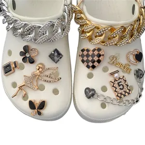 패션 블링 신발 매력 블랙 골드 실버 시리즈 라인 석 금속 디자이너 신발 매력 디자이너 매력 다이아몬드 신발