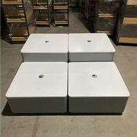 Tables de présentation sur pied en bois blanc et gris, personnalisées en usine, pour la promotion de bagages et d'aspirateurs robots LADISPLAY