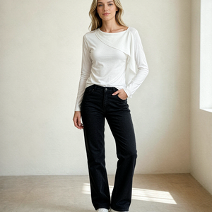 <b>Women's</b> Asymmetric Knitted <b>Long</b> <b>Sleeve</b> <b>White</b> <b>Blouse</b> Minimalist O-Neck Regular Fit Solid Color Top for Everyday Wear - Product Image 3