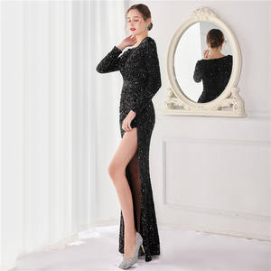 Оптовая продажа, вечернее платье с блестками для выпускного вечера, шикарное вечернее платье с Боковым Разрезом и длинным рукавом для женщин - Product Image 4