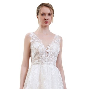 Lace V-Neck A-Line Wedding Dress White Natural Waist Backless Simple Outdoor Lawn Style - Product Image 5