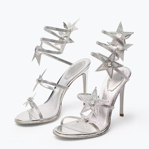 Sandales à talons hauts sexy pour femme, avec lanières croisées à la cheville, ornées de diamants et étoiles, grande taille 46, style stiletto - Product Image 1