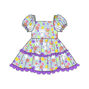 Vestido de Fiesta para Niñas Zhengpai, Bonito Estampado de Conejito de Pascua, Seda de Leche, Floral, con Mangas Abullonadas, Hasta la Rodilla, con Capas, para Bebés - Product Image 1