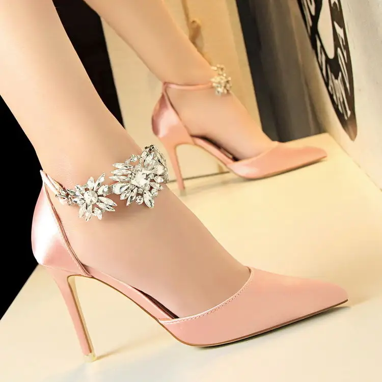 Tacos Altos De Mujer Black Hot Pink Rhinestone Buckle Luxury High Heel Shoes Women