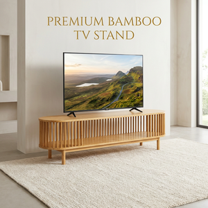 Meuble <span class=keywords><strong>TV</strong></span> ovale en bambou, console multimédia moderne à lattes, <span class=keywords><strong>banc</strong></span> de rangement multifonctionnel et table basse - Product Image 2