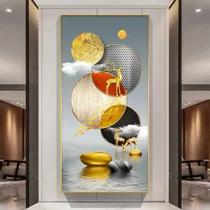 Grand tableau d'art mural, wapiti doré, peinture en porcelaine de cristal d'animaux de luxe de style nordique, oeuvre d'art moderne encadrée pour la décoration intérieure