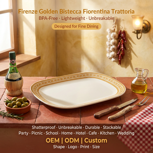 จานเมลามีนลายฉลุกันแตก OEM ODM ขนาด 11 นิ้ว สีทอง รูปทรงสี่เหลี่ยมผืนผ้า สำหรับงานเลี้ยง ทาปาส หรือบาร์ค็อกเทลบนดาดฟ้า - Product Image 1