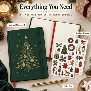 Christmas Journal <b>Notebook</b> with Sticker Sheets and Gold Pen Gift <b>Set</b> Hardcover Fabric Cover A5 Size Decorative Tree Design - Product Image 1