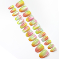 AIERFEI 24 pièces de faux ongles magnétiques effet œil de chat, courts, ovales, effet arc-en-ciel, faux ongles, lime à ongles et adhésif inclus