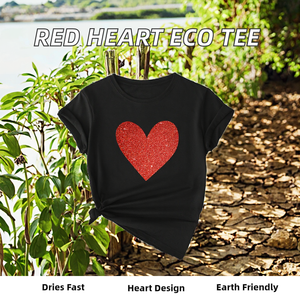 Camiseta de Manga Corta Holgada de Alta Calidad para Mujer con Logotipo, Estilo Casual Ecológico para Verano - Gráfico de Corazón Brillante Rojo - Product Image 2