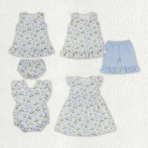 Vendita all'Ingrosso di Completi Estivi per Bambine, Abiti con Fiori Blu, Set di Vestiti Coordinati per Sorelle - Product Image 1