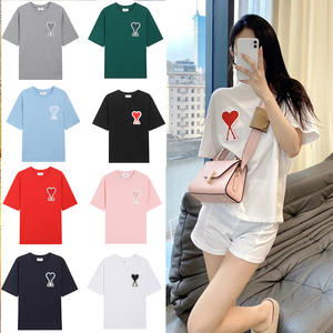 Camiseta Informal Holgada Unisex de Manga Corta con Bordado de Corazón Grande de Algodón Transpirable de Verano AMI CLAMS - Product Image 2