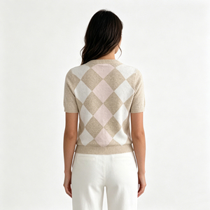 Comodo Top in Maglia con Motivo Argyle e Bottoni, <span class=keywords><strong>Cardigan</strong></span> da <span class=keywords><strong>Donna</strong></span> <span class=keywords><strong>Beige</strong></span> Rosa a Maniche Corte con Collo Rotondo, Abbigliamento in Maglia - Product Image 3