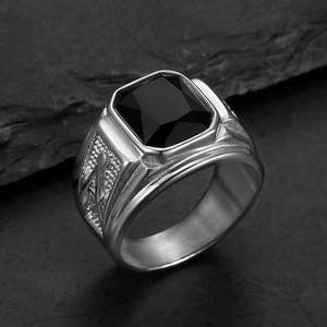 Tempusort Groothandel Vintage 18K verguld zwart glas vrijmetselarij AG roestvrijstalen ringen mode sieraden voor mannen cadeau's - Product Image 3