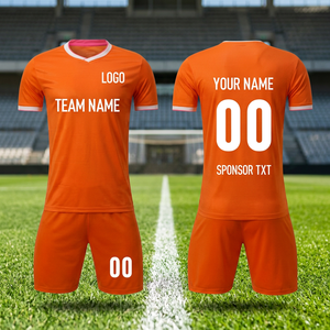 Ensemble de maillots de football orange personnalisés pour hommes, manches courtes, col en V, polyester respirant, nom et numéro de l'équipe, impression sublimée, toutes saisons - Product Image 3