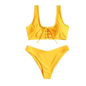 KY wholesale Bright Yellow young lady Lace Up Padded bikini Set fitness swimwear beachwear