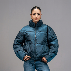 Chaqueta Acolchada Azul con Cuello Alto, Cierre de Cremallera, Resistente al Viento, Informal, para Invierno, Unisex, Corte Holgado, Relleno de Poliéster - Product Image 1