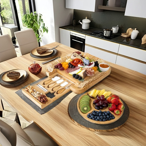 Tabla de cortar de bambú grande ecológica, juego de bandejas de Cerámica/pizarra para charcutería, tabla de queso, logotipo láser para acampar - Product Image 4