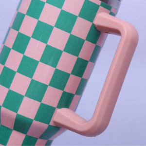 Nouvelle Tasse de Voyage Isotherme en Acier Inoxydable à Motif à Carreaux, Grande Capacité 40 oz, avec Poignée et Paille, Motif Floral - Product Image 2