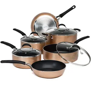 Dishwasher Safe 10 Piece Copper Pressed Hammered Cookware Set with Riveted Stainless Steel Handle