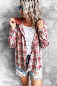 Chemise isolée d'automne pour <span class=keywords><strong>femme</strong></span> veste en flanelle surdimensionnée à <span class=keywords><strong>carreaux</strong></span> avec capuche - Product Image 2