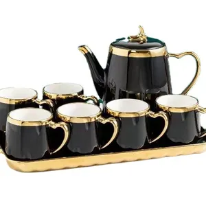 Hot sale arabic cups saucers golden rim handle cup bulk turkish coffee cup set with metal stand