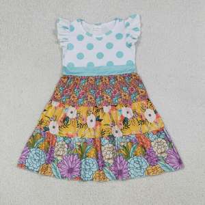 Vestido de Verano para Niña, Estampado Floral con Puntos, Mangas con Volantes, Estilo Boho, Patchwork, Largo hasta la Rodilla - Product Image 4