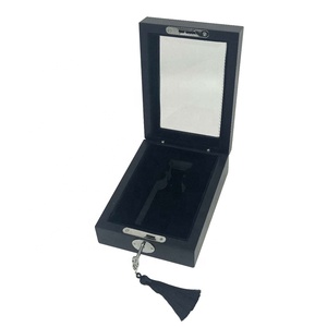 MDF black luxurious perfume wooden storage box with top glass and key lock wooden perfume box