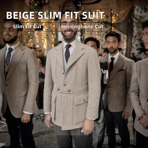 Costume de smoking homme 2026 beige clair à motif chevrons, simple boutonnage, coupe ajustée, grandes tailles, pour mariage, marié, bal de promo, blazer sur mesure - Product Image 2