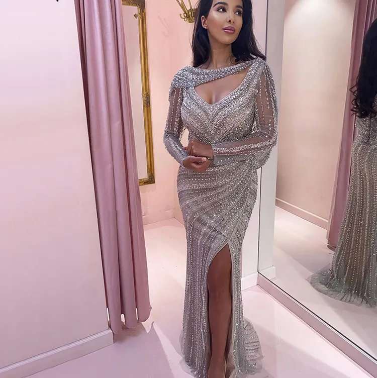 High End Dubai Silber Gold Hochzeit Frauen Kristall Shiny Diamond Kleid Party Abend Luxus Sexy Mesh Strass Kleid