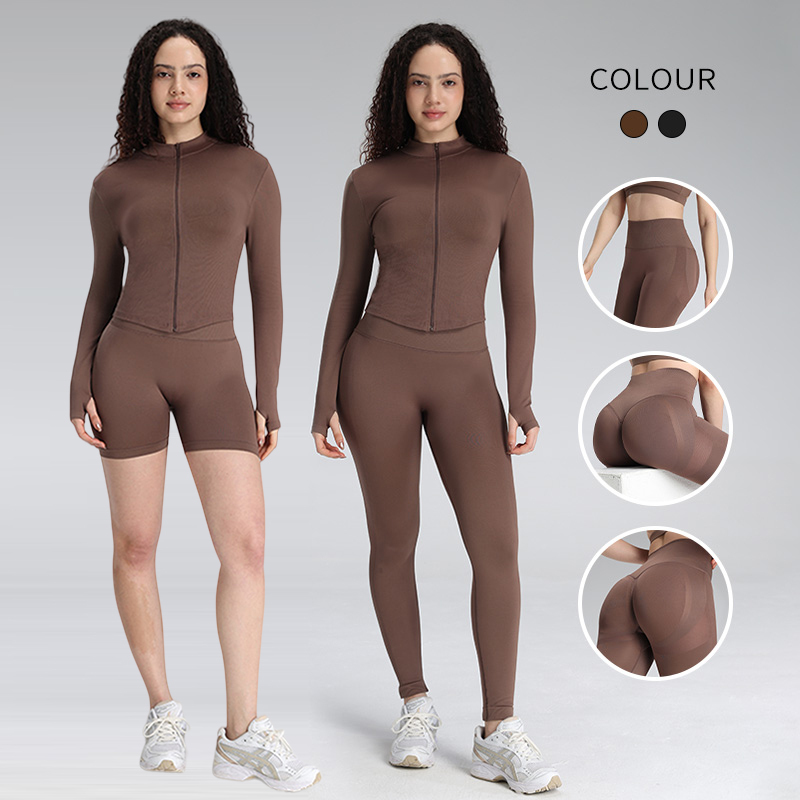 OEM/ODM Seamless Yoga Workout Set Women High Waist Leggings Tight Sports Jacket Bra Set Tummy Control Activewear for Gym Fitness