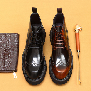 Bottes à tige haute pour homme, à semelle épaisse, en cuir verni brillant, style britannique, en cuir de vache véritable - Product Image 1