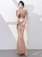 Robe de soirée longue en mousseline de soie à paillettes pour femmes avec manches chauve-souris et col rond