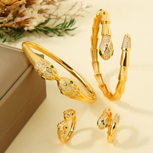 Conjunto de Joyería de Serpiente Estilo Hip Hop Árabe, Chapado en Oro de 21k, con Ojos de Circonio Verde, Brazaletes y Anillos Abiertos para Mujer - Product Image 5