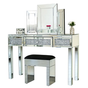 Muebles Modernos Diamond Crush: Tocador <span class=keywords><strong>con</strong></span> <span class=keywords><strong>Espejo</strong></span> y Taburete, Juego de Dormitorio de Pino, Camas de Madera Maciza - Product Image 1