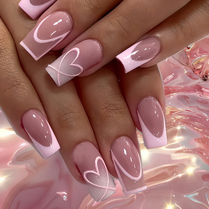 <span class=keywords><strong>Uñas</strong></span> Postizas Hechas a Mano, Forma Ataúd Mediana, Color Rosa Nude, con Contorno de Corazón Blanco y Diseño de <span class=keywords><strong>Punta</strong></span> Francesa, <span class=keywords><strong>Uñas</strong></span> Acrílicas - Product Image 1