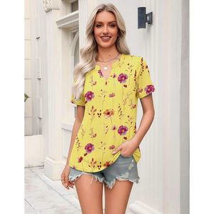 Camiseta de Manga Corta con Cuello en V y Estampado Floral para Mujer, Blusa Informal para Uso Diario, Top Transpirable de Poliéster - Product Image 5