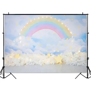 Cielo blu e nuvole bianche sfondo per la fotografia neonato 1 completanno torta Smash fondofotografico luci decoro glitterato