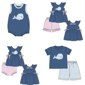 Baby Meisjes Jongens Walvis Bijpassende Kleding Kids Peuter Groothandel Boetiek Marine Sets Hoge Kwaliteit Zomer Korte Mouwen Kleding