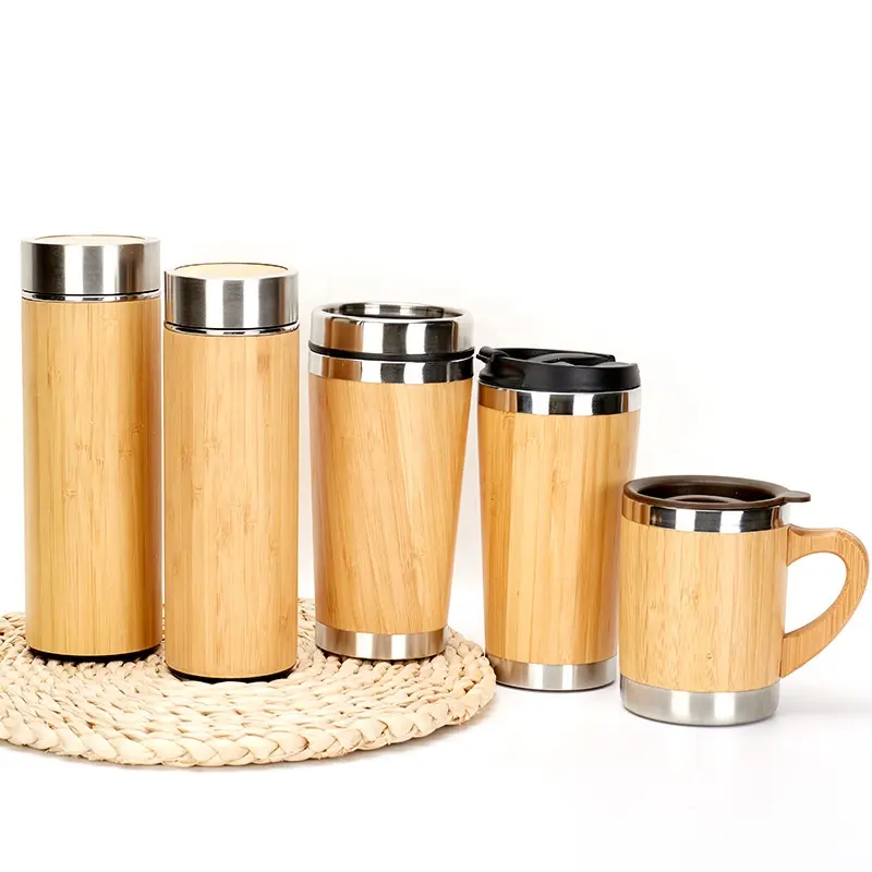 Bpa 무료 450ml 열 대나무 텀블러 슬라이드 잠금 뚜껑, 스테인레스 스틸 대나무 여행 머그잔, 뚜껑이있는 새로운 대나무 커피 컵