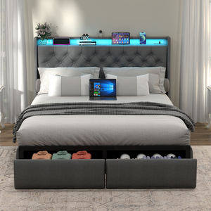 <strong>Queen</strong> <strong>Size</strong> <strong>Bed</strong> <strong>Frame</strong> with Storage Headboard RGB LED Lights &amp; USB Charging Station-Grey - Product Image 1