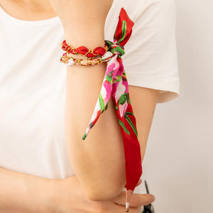 Flower Pattern Silk Scarf <b>Bracelet</b> For Women <b>Red</b> With Gold Chain Detail Elegant Accessory Jewelry Gift Fashion Statement Piece - Product Image 3