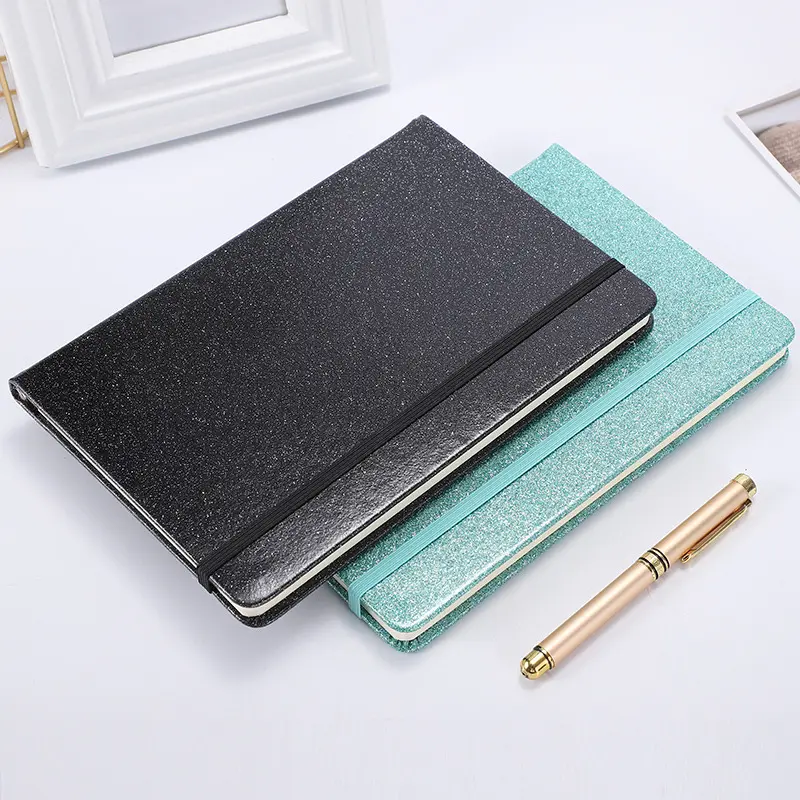 New Design Glitter PU Cover Notebook Hardcover Diary Journal Exercise Book with ElasticBand