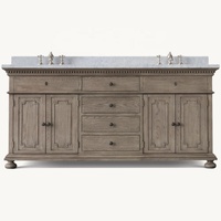 Meuble-lavabo double vasque en bois personnalisable style vintage américain, sur pied, avec vasque en céramique et plateau en marbre, pour appartement et villa