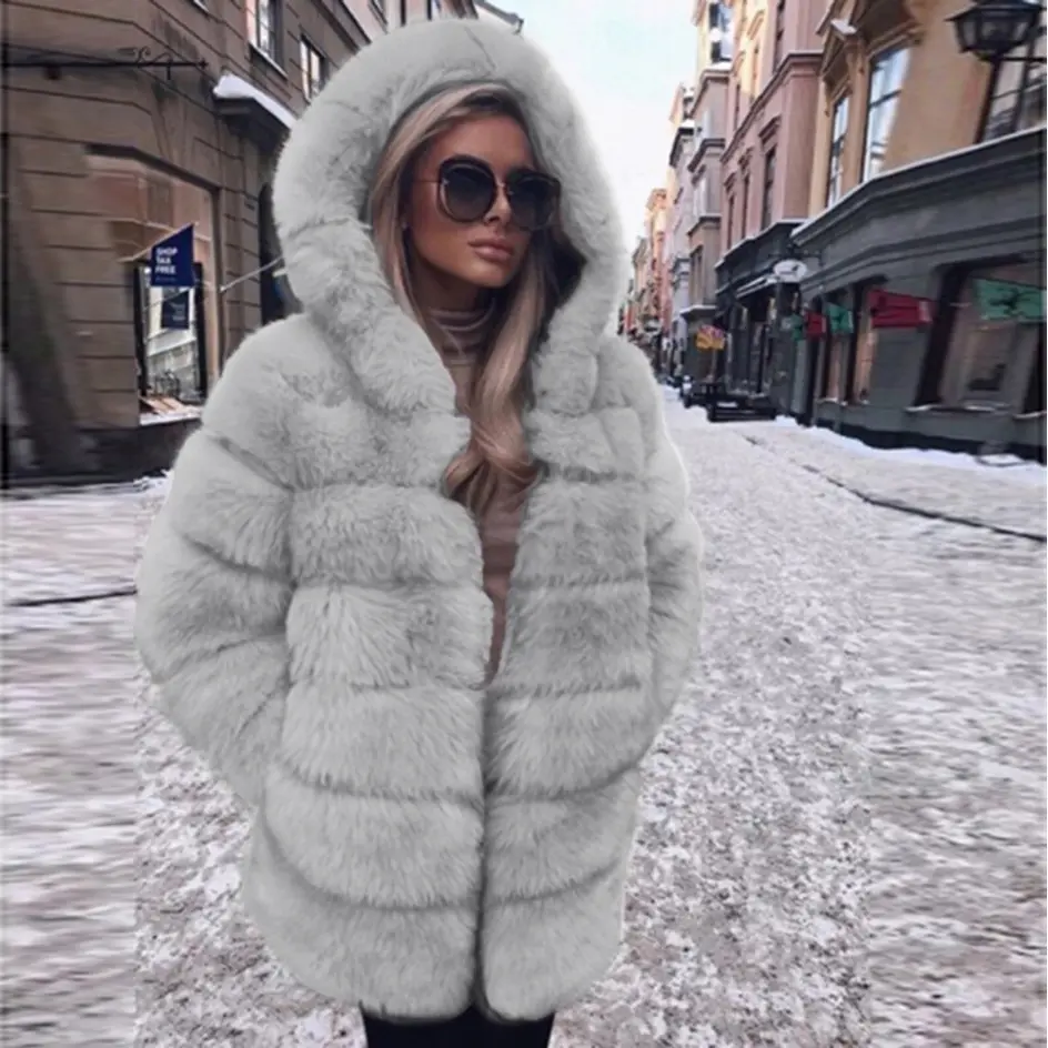 Hot Sale Warm Winter Custom Thick Faux Fox Fur Hooded Long Sleeve Coat Wholesale 2023