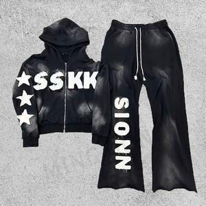 Custom Acid Wash Vintage Zip Hoodie Set Oversized Sticker Bordado Sudadera con capucha y pantalones de chándal acampanados Chándal - Product Image 1